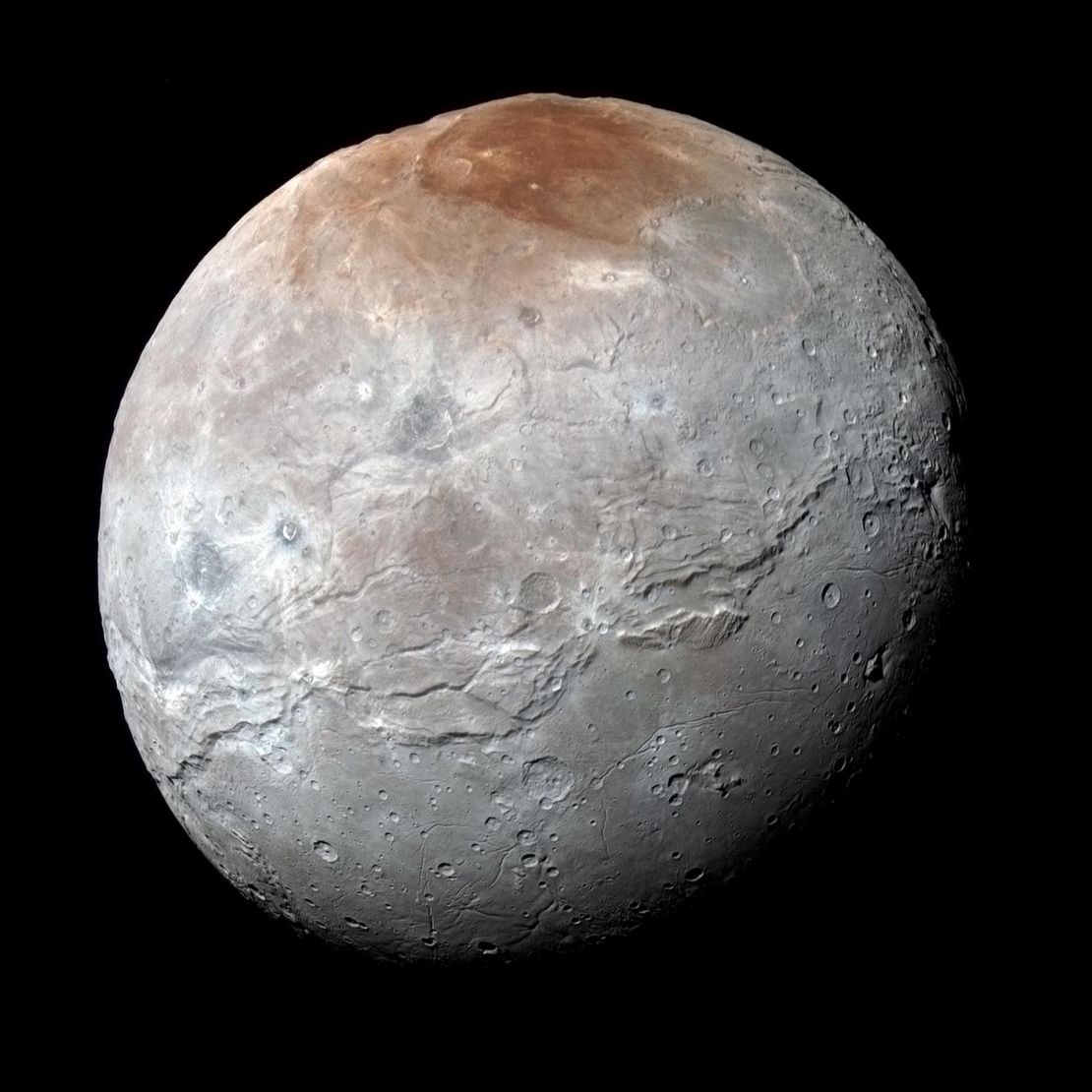 The NASA New Horizons' high-resolution enhanced color view captured a detailed perspective of the rocky, icy moon Charon.