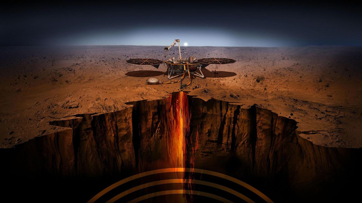 Una ilustración muestra la misión InSight de la NASA, situada en la superficie de Marte y utilizando sus herramientas científicas para estudiar el interior del planeta rojo.