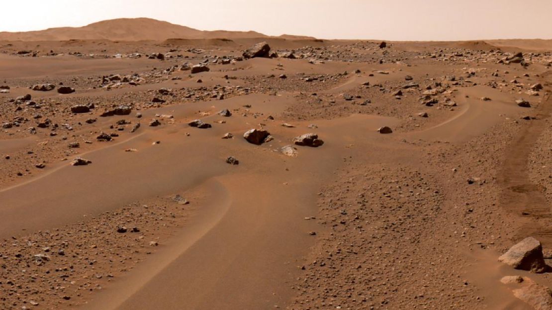 This photo of a Martian vista in Jezero Crater, made from smaller individual images, was taken by NASA's Perseverance rover in 2021.