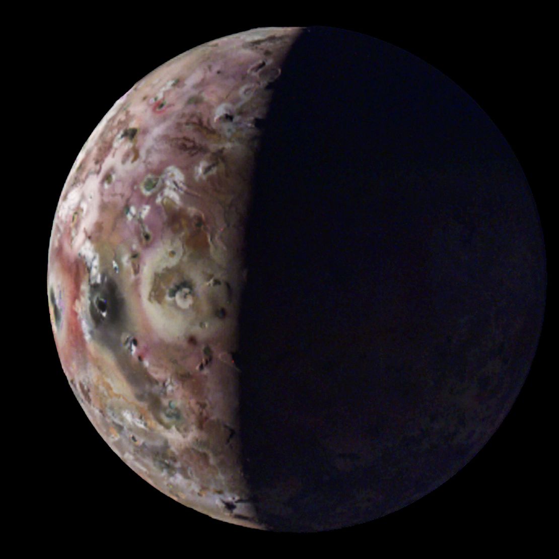 The JunoCam instrument captured the first-ever image of Io's south polar region during Juno's 60th flyby of Jupiter on April 9.