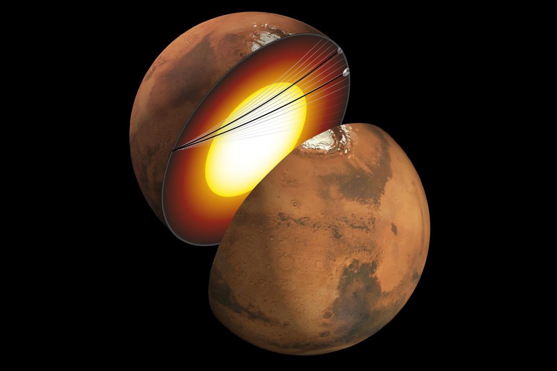 Seorang seniman konsep menunjukkan penampang Mars beserta jalur gelombang seismik dari dua gempa bumi terpisah yang terdeteksi oleh InSight pada tahun 2021.