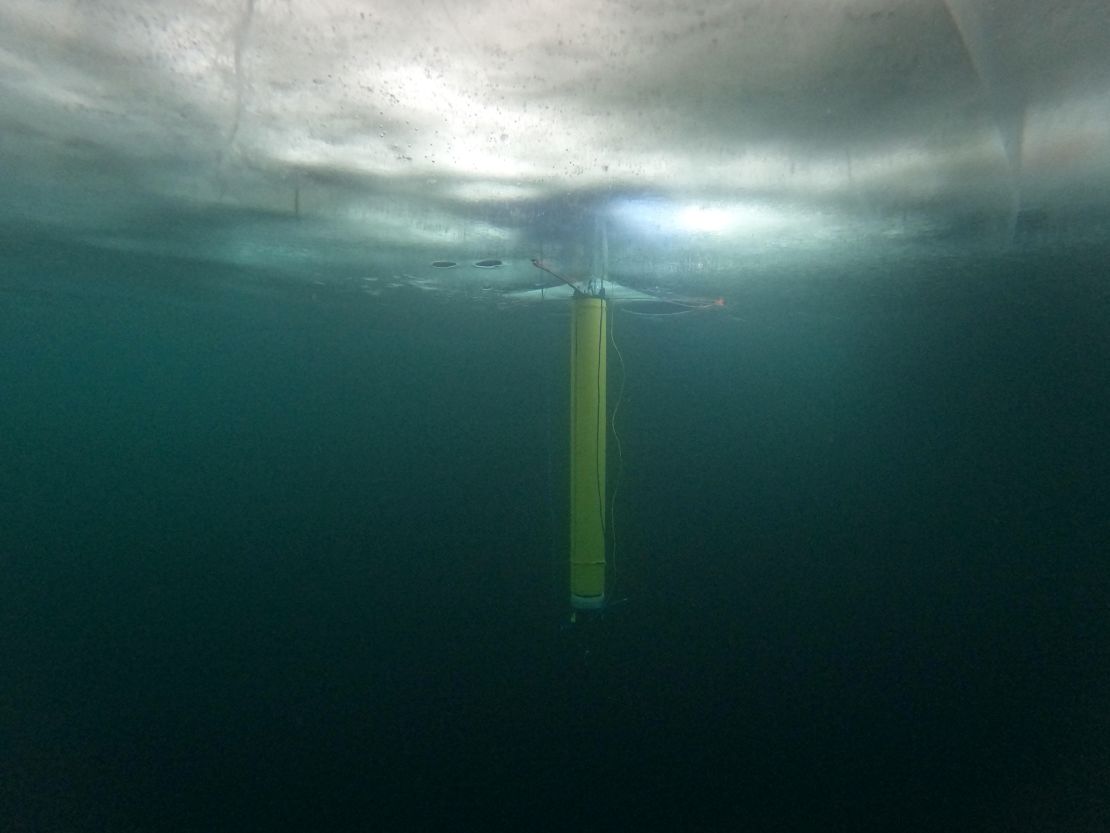 An IceNode prototype beneath the frozen surface of Lake Superior, off Michigan's Upper Peninsula, during a field test in 2022.