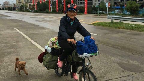 Li Dongju was accompanied by her brown poodle on her domestic cycling journey in 2015.