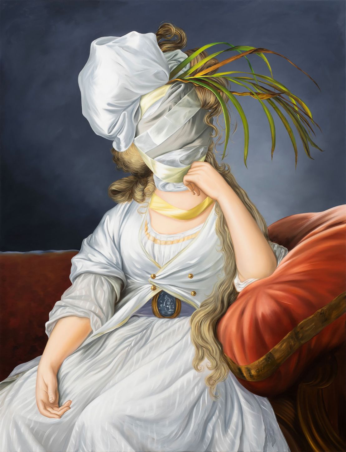 Juszkiewicz disrupts the form of classical portraiture by obscuring the faces of her imagined sitters, as shown here in "Untitled (after Élisabeth Vigée Le Brun)," 2020.