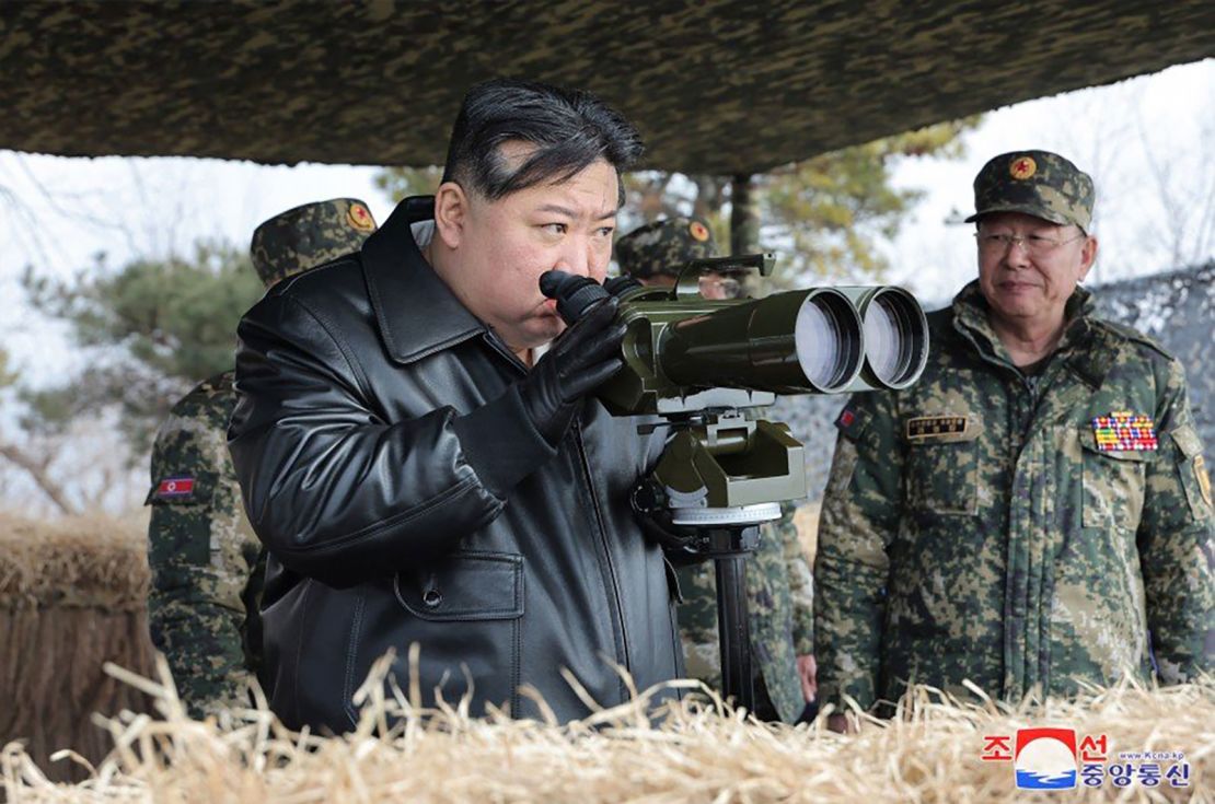 North Korean leader Kim Jong Un inspects an artillery firing drill of the Korean People's Army on March 7, 2024.