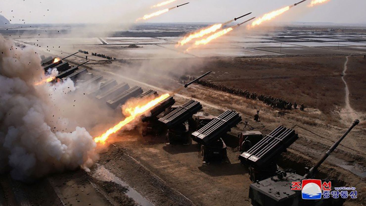 Multiple rocket launchers fire during a drill of the Korean People's Army on March 7.