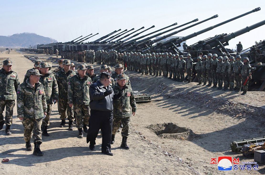 Kim Jong Un inspects artillery units of the Korean People's Army (KPA) during exercises on March 7.