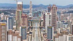 This picture released by North Korea's official Korean Central News Agency shows Hwasong, the new high-rise neighborhood being constructed in Pyongyang, North Korea.