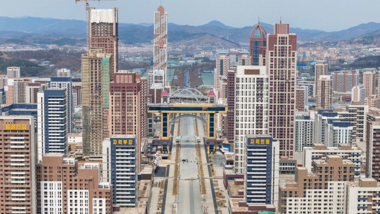 This picture released by North Korea's official Korean Central News Agency shows Hwasong, the new high-rise neighborhood being constructed in Pyongyang, North Korea.