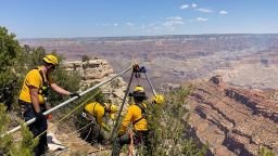 Responders manage a high angle technical rescue system on July 31, 2024, after a visitor fell from the rim of the Pipe Creek Overlook of the Grand Canyon.