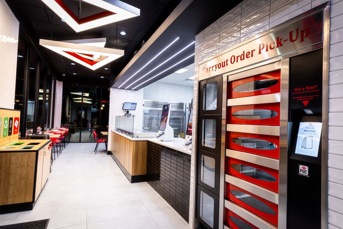 The new design has heated cabinets for pick-up orders and a front-facing pizza making counter.