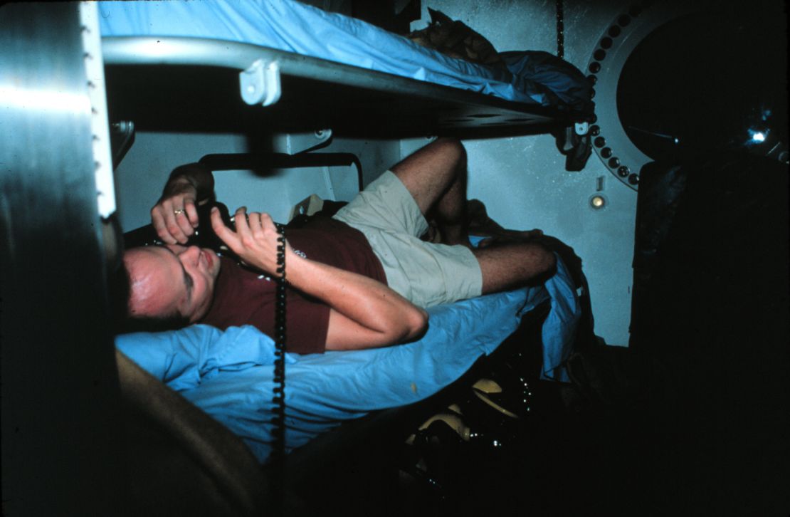 Aquarius replaced Hydrolab after it was decommissioned. It had a few extra comforts, like a toilet. This photo shows the bunk room of Aquarius, which sleeps six people. It's still in operation today in the Florida Keys.