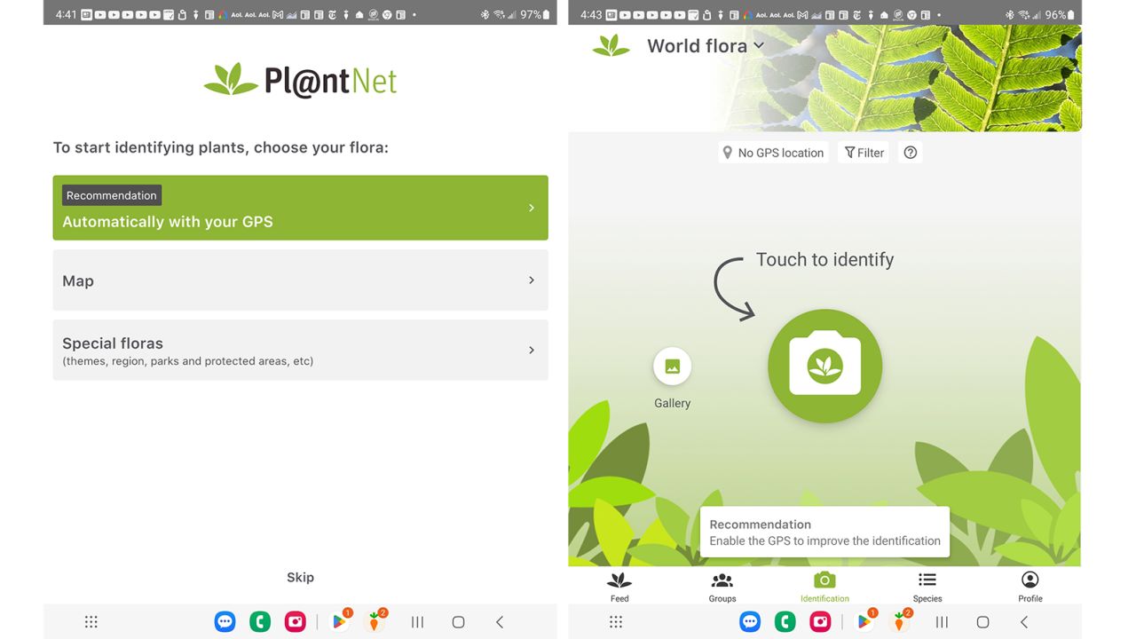 With PlantNet, you can identify plants using the Map or Special Floras options. Special Flora areas include regions, parks and protected areas, etc. The app recommends you enable geolocation (GPS) to improve the identification.