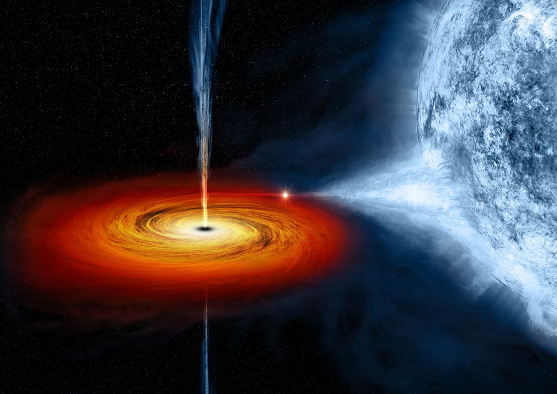 In an artist's illustration, a black hole pulls material from a companion star, forming a disc that rotates around the black hole before falling into it.