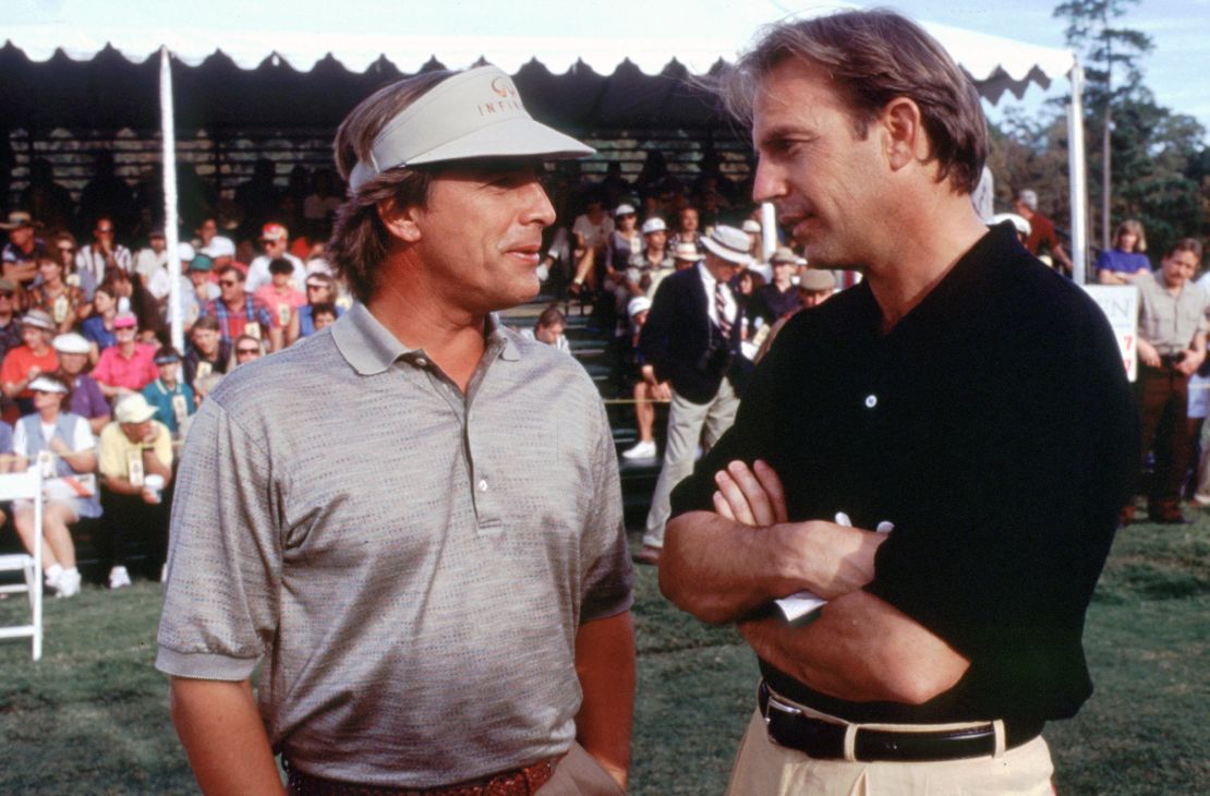 Costner (right) speaks to his rival in 'Tin Cup,' David Simms, played by Don Johnson.