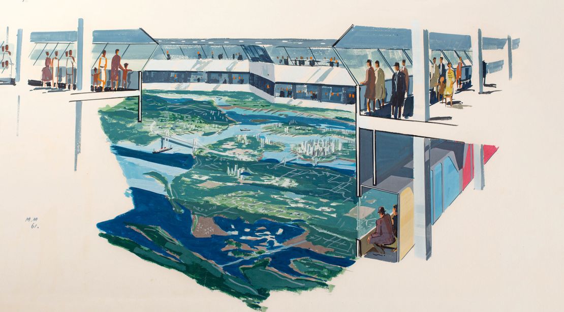 The Panorama was originally designed to be a city planning tool. Shown here is a 1961 watercolor architectural rendering of the model.