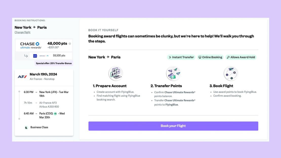 A screenshot showing Point.me's booking instructions for an Air France-KLM Flying Blue award ticket