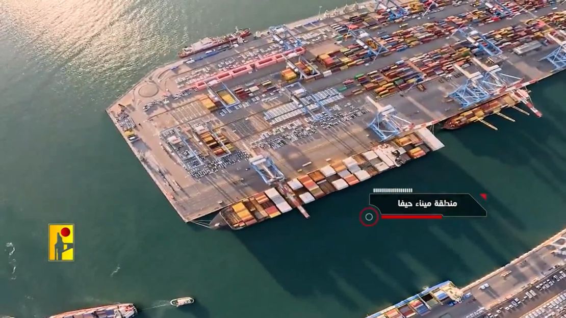 The Haifa Port area is seen in the video released by Hezbollah. qhiqhhidrdidrinv
