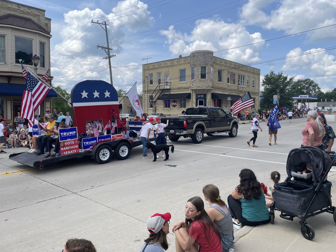 A Republican float rolls through the Port Fish Days parade in Port Washington, Wisconsin, on July, 20, 2024.