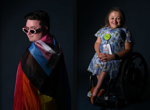 Jae Moyer, a delegate from Johnson County, Kansas, poses for a portrait with a rainbow flag on Wednesday. Moyer said Harris has a strong record of supporting members of the LGBTQ community: “There is so much energy and joy and electricity in the air surrounding Kamala’s campaign.”</p><p>Indiana delegate and disability advocate Emily Voorde is attending her second Democratic convention. “The disabled vote is a significant one,” she said. “People with disabilities are actually the largest minority group in the country. One in four Americans lives with a disability, whether that be a learning disability, a mental health disability, a physical disability, long Covid.” She said she’s confident that Harris and Walz “will do best by our community.”