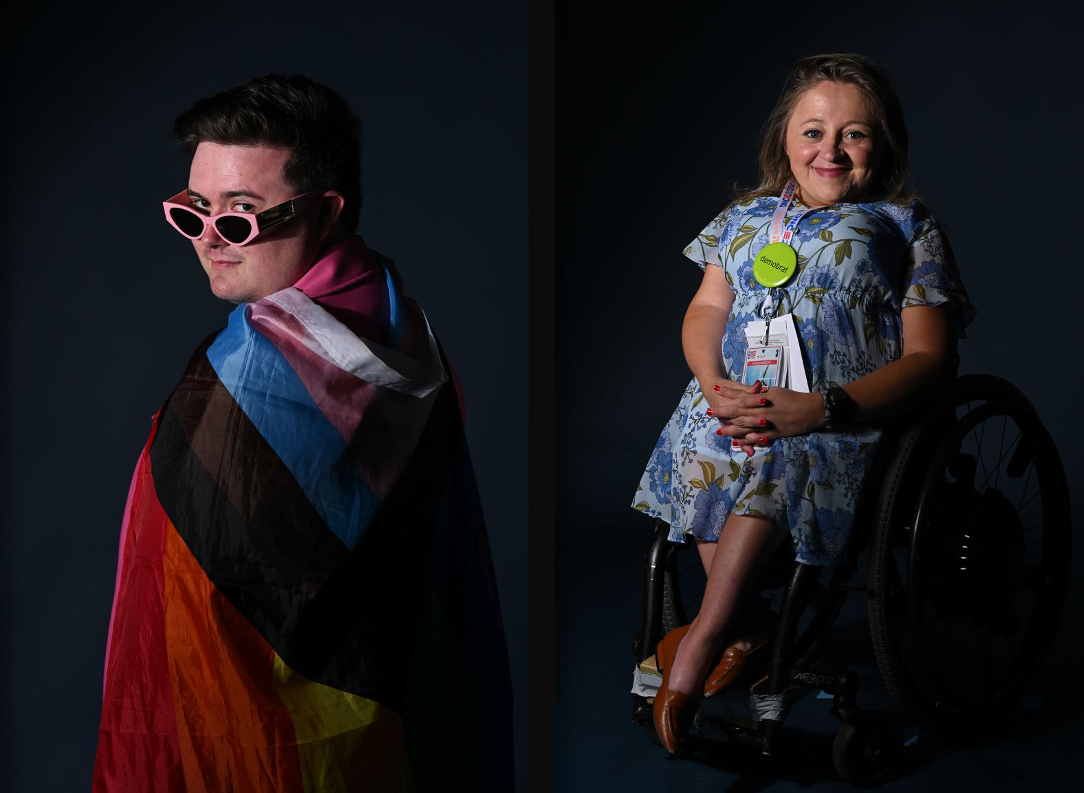 Jae Moyer, a delegate from Johnson County, Kansas, poses for a portrait with a rainbow flag on Wednesday. Moyer said Harris has a strong record of supporting members of the LGBTQ community: “There is so much energy and joy and electricity in the air surrounding Kamala’s campaign.”<br /><br /><br /><br /><br />Indiana delegate and disability advocate Emily Voorde was attending her second Democratic convention. “The disabled vote is a significant one,” she said. “People with disabilities are actually the largest minority group in the country. One in four Americans lives with a disability, whether that be a learning disability, a mental health disability, a physical disability, long Covid.” She said she’s confident that Harris and Walz “will do best by our community.”