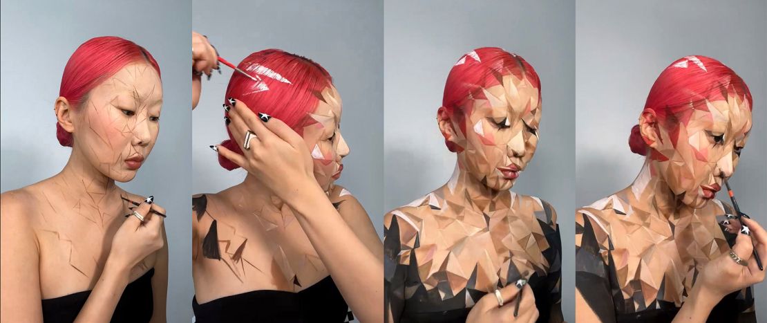 In one of Yoon's self-portraits, she transforms herself into a mesmerising geometric 3D creation by painted triangular shapes in light and dark.