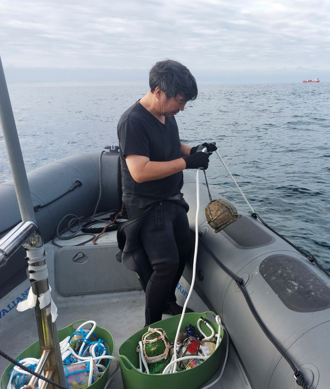 Seeking to engage with octopuses in playful, inquisitive ways, Shimabuku dropped vessels into the ocean with the hope that some species might be drawn to them.