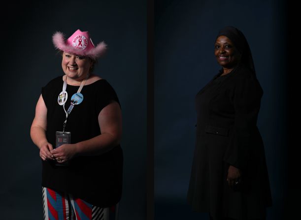 Heather Pirowski, left, is an Indiana delegate and breast cancer survivor. She said she was diagnosed with breast cancer in February 2020. “I didn’t realize that when you have dense breasts, mammograms don’t work (and) we need additional diagnostic testing,” she said as she posed for a portrait on Monday. “When I looked at our legislation in Indiana, we really did not have anything that talked about that. So I formed Hoosier Breast Cancer Advocates, and with a couple other advocate friends, we actually passed legislation that was bipartisan and unanimously voted on.<br /><br /><br />Saffiyyah Muhammad, right, didn’t have to go far to attend the convention. She’s from Chicago. She said she cried when she learned that Harris would be the Democratic nominee, and she has volunteered her time to help support the campaign. “To be a part of this history, it’s very exciting — and it’s emotional,” she said. Muhammad, like Harris, is a member of Alpha Kappa Alpha, a historically Black sorority.