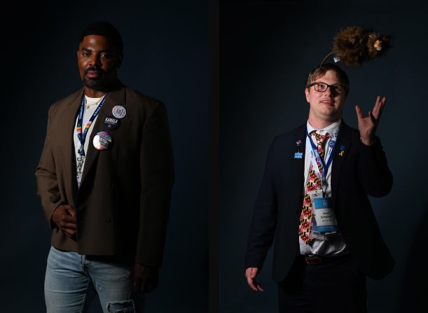 Jacen Bowman, left, is a delegate from Philadelphia. “I see that there has been this resurgence of energy,” Bowman said. “There has been this resurgence of people that are just excited about what’s going on now, especially when it comes to millennials and Gen Z. … Kamala represents what America looks like. America is a place that is inclusive. It’s about equality. I think it is important that we have a woman commander in chief, especially a Black woman. I haven’t seen as much excitement since Obama ran for office.”</p><p>Jared Schablein, a delegate from Maryland, brought a stuffed muskrat with him to the convention. “The muskrat is an animal local to my community on the Eastern Shore of Maryland,” he said. Princess Anne, Maryland, also hosts a New Year’s Eve muskrat drop. Schablein said he was “incredibly excited” when Harris became the nominee and that he was happy to be one of the first in Maryland to publicly support her. He also said he was “over the moon” when Harris selected Walz as her running mate. “Rural America doesn’t typically get represented,” he said.