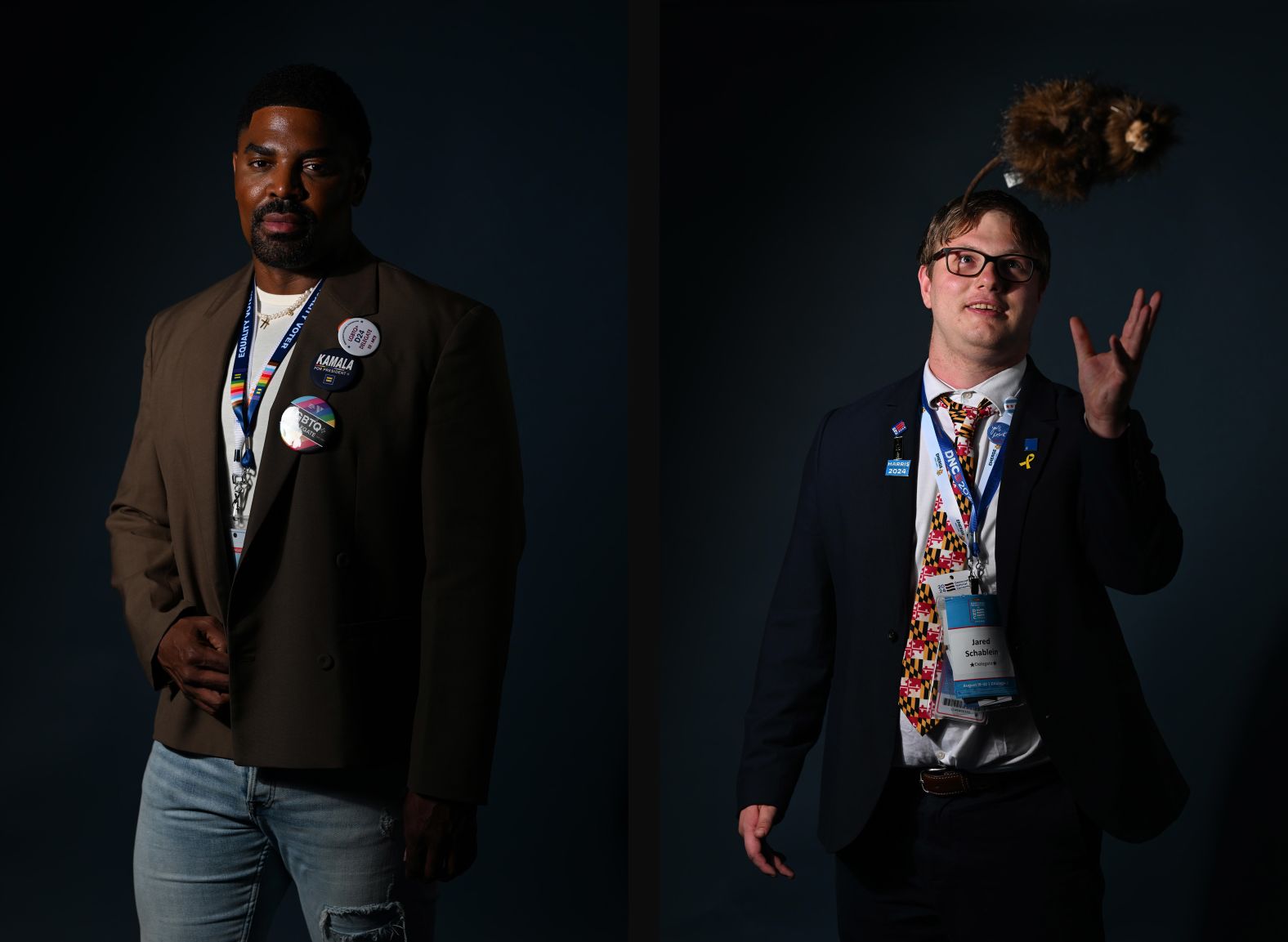 Jacen Bowman, left, is a delegate from Philadelphia. “I see that there has been this resurgence of energy,” Bowman said. “There has been this resurgence of people that are just excited about what’s going on now, especially when it comes to millennials and Gen Z. … Kamala represents what America looks like. America is a place that is inclusive. It’s about equality. I think it is important that we have a woman commander in chief, especially a Black woman. I haven’t seen as much excitement since Obama ran for office.”<br /><br /><br /><br /><br />Jared Schablein, a delegate from Maryland, brought a stuffed muskrat with him to the convention. “The muskrat is an animal local to my community on the Eastern Shore of Maryland,” he said. Princess Anne, Maryland, also hosts a New Year’s Eve muskrat drop. Schablein said he was “incredibly excited” when Harris became the nominee and that he was happy to be one of the first in Maryland to publicly support her. He also said he was “over the moon” when Harris selected Walz as her running mate. “Rural America doesn’t typically get represented,” he said.