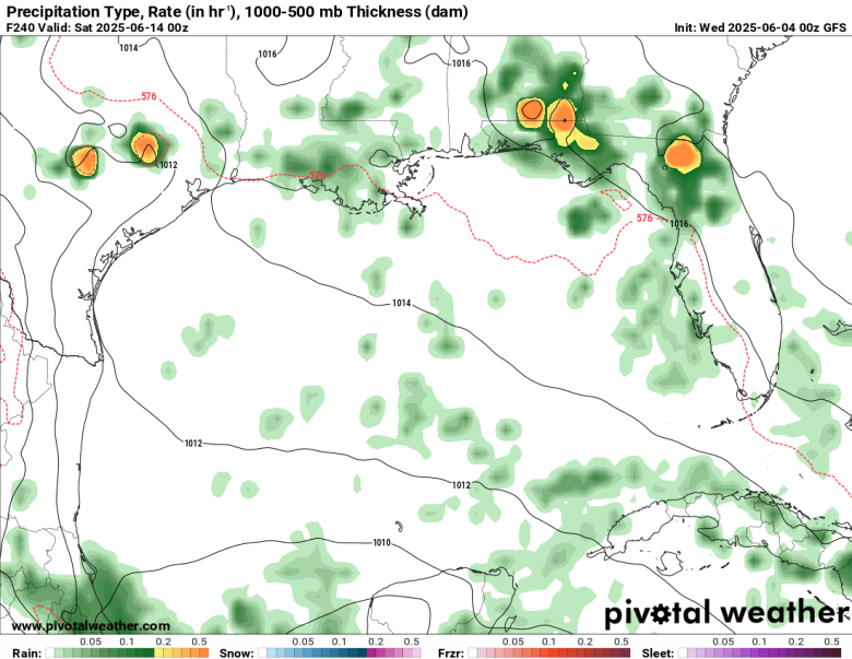 A GFS model run from Tuesday evening that's looking ahead at the same same Friday evening, June 13, timeframe as the image to the left no longer has any sign of a a potential tropical storm or hurricane in the Gulf.