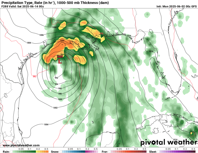 A GFS model run from Sunday evening shows the potential for a strong tropical storm or a Category 1 hurricane (centered at the red "L") in the Gulf on Friday evening, June 13. This is the timeframe when the GFS is more likely to show a "ghost storm."