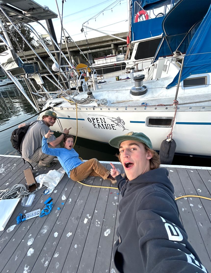 On land, getting the SV Open Range ready to sail. Ted Lewitt, Lauren Sanders and Pat Rabin in January 2025, crossing off items on the lengthy to-do list in the Santa Cruz boatyard.