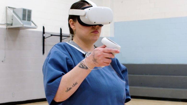An inmate at Maryland's Correctional Institution for Women wears a virtual reality headset during job training.