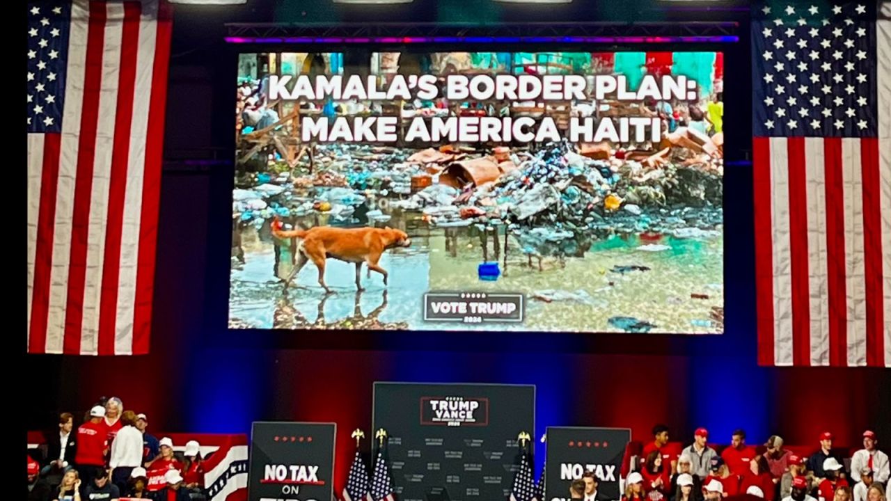 A screen inside the Cobb Energy Performing Arts Centre in Atlanta, Georgia, ahead of former President Donald Trump’s event on Tuesday, October 15.