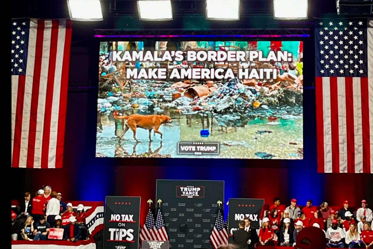 A screen inside the Cobb Energy Performing Arts Centre in Atlanta, Georgia, ahead of former President Donald Trump’s event on Tuesday, October 15.