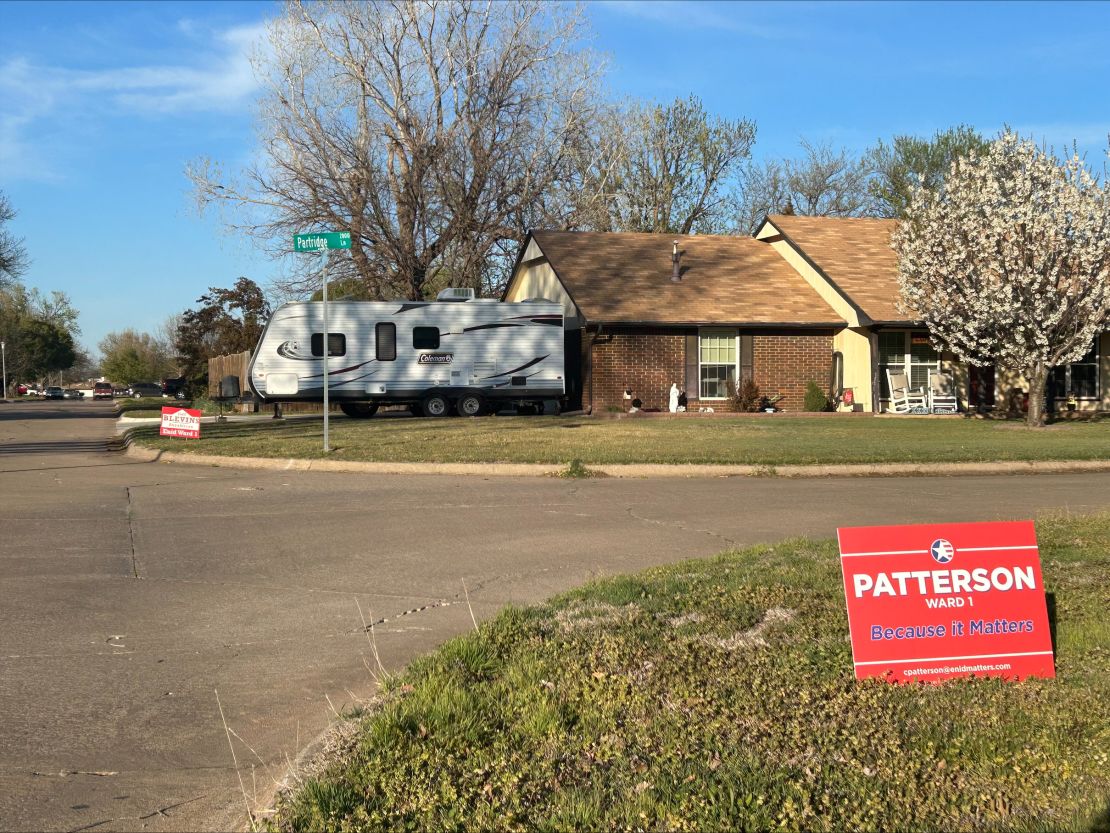 Campaign signs for Judd Blevins and his opponent, Cheryl Patterson, can be seen across Ward One in Enid, Oklahoma, ahead of Tuesday's special election.