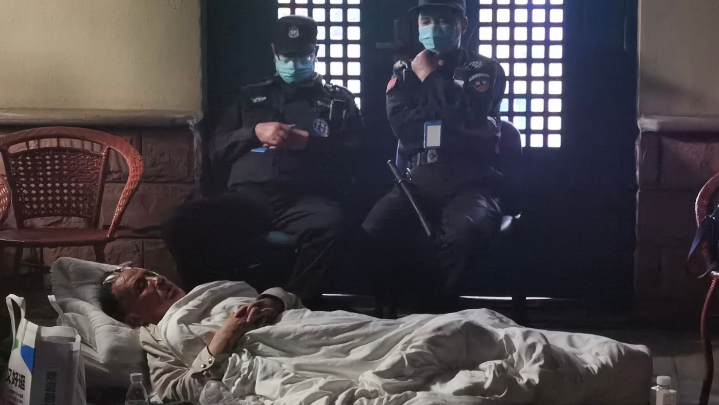 Chinese virologist Zhang Yongzhen sleeps outside his lab at the Shanghai Public Health Clinical Center in this image shared on social media.