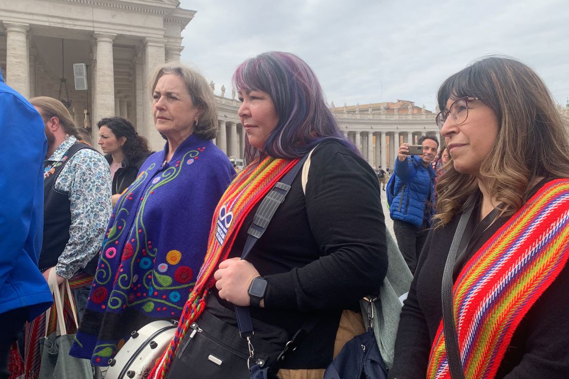 Victoria Pruden (center), President of the Métis National Council, was part of a delegation of Indigenous leaders that visited Rome in 2022 to discuss residential schools with Pope Francis.