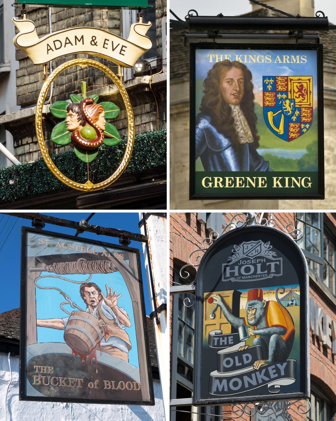 Clockwise from top left: The Adam & Eve in London, The Kings Arms in Wiltshire, The Old Monkey in Manchester and The Bucket of Blood in Cornwall.