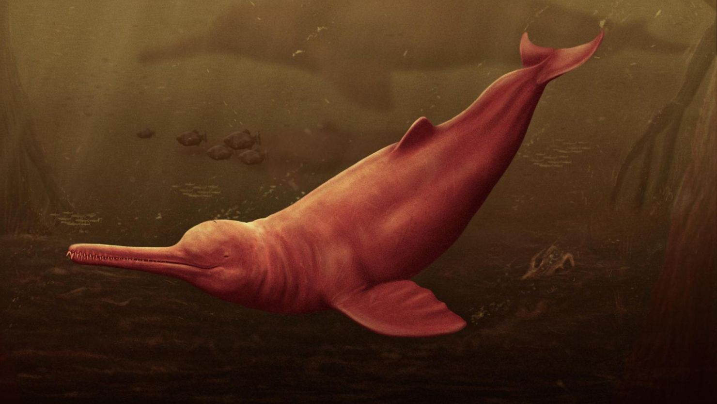 An artistic reconstruction depicts Pebanista yacuruna in the murky waters of the Peruvian proto-Amazonia.