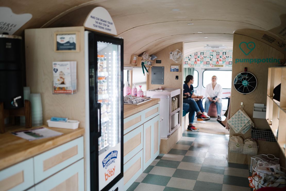 Brittany Shoughi, Pumpspotting team member, sits with moms on the Breast Express in Dorchester, MA, in July.