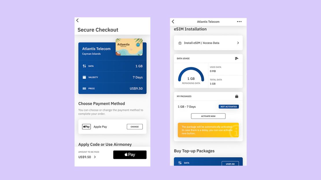 Screenshots showing a user purchasing and activating a Cayman Islands eSIM in the Airalo iOS app