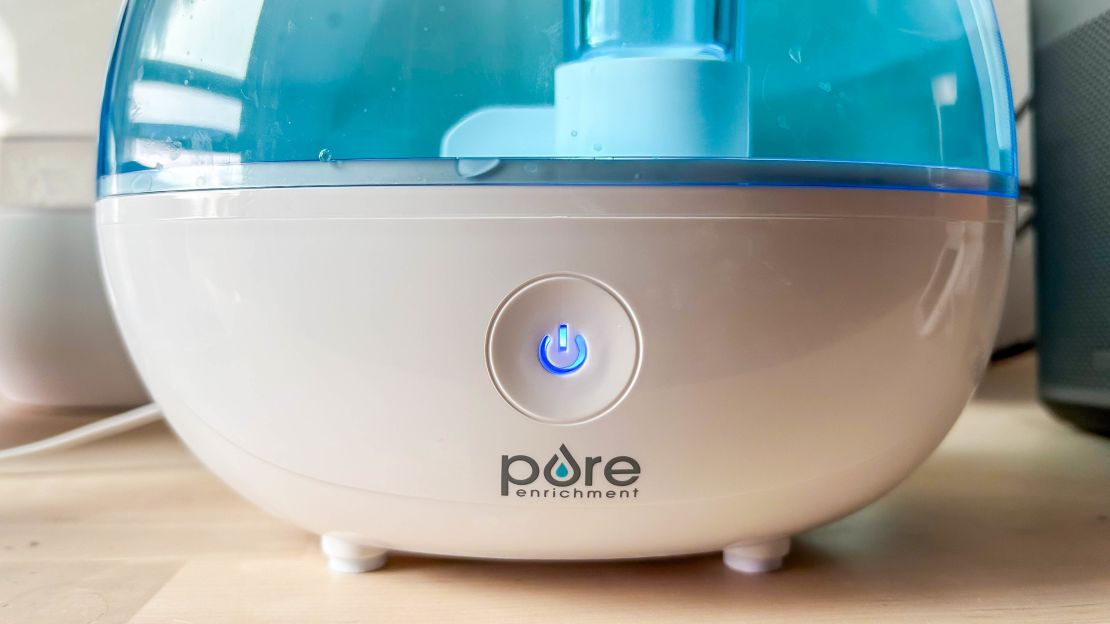 The Pure Enrichment Mistaire humidifier's control panel with the power button lit