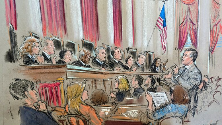 In this court sketch, Jeffrey Green argues in front of the US Supreme Court in Washington, DC, on Tuesday, April 16, 2024. (Bill Hennessy)