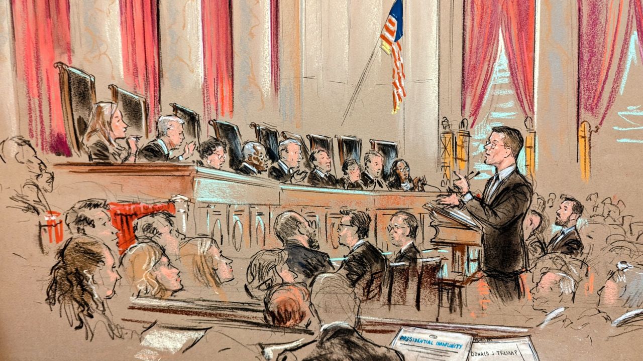 In this sketch from court, D. John Sauer argues before the US Supreme Court over whether former President Donald Trump is immune from criminal prosecution in Washington, DC, on Thursday, April 25, 2024. 