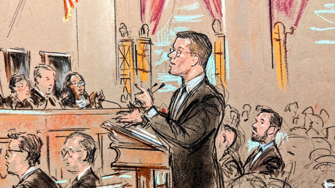 A courtroom sketch of a White man in a suit arguing in front of the Supreme Court. 