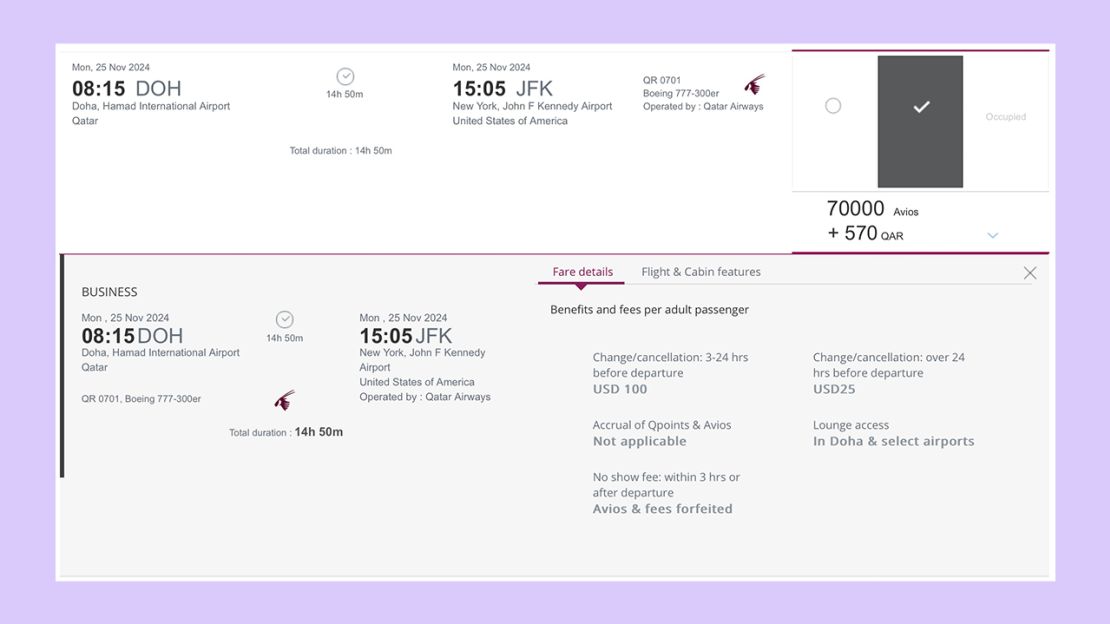 A screenshot of a Qatar Airways award ticket from Doha to New York-JFK