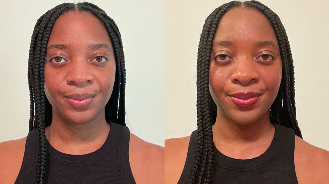 Rachel with no makeup (left) and after applying the Nudestix products we tested (right).