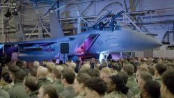 An F-15 fighter jet, used during a massive Iranian attack against Israel in April, sits in the hangar during a ceremony on November 12 at Royal Air Force Lakenheath station in Suffolk, England.